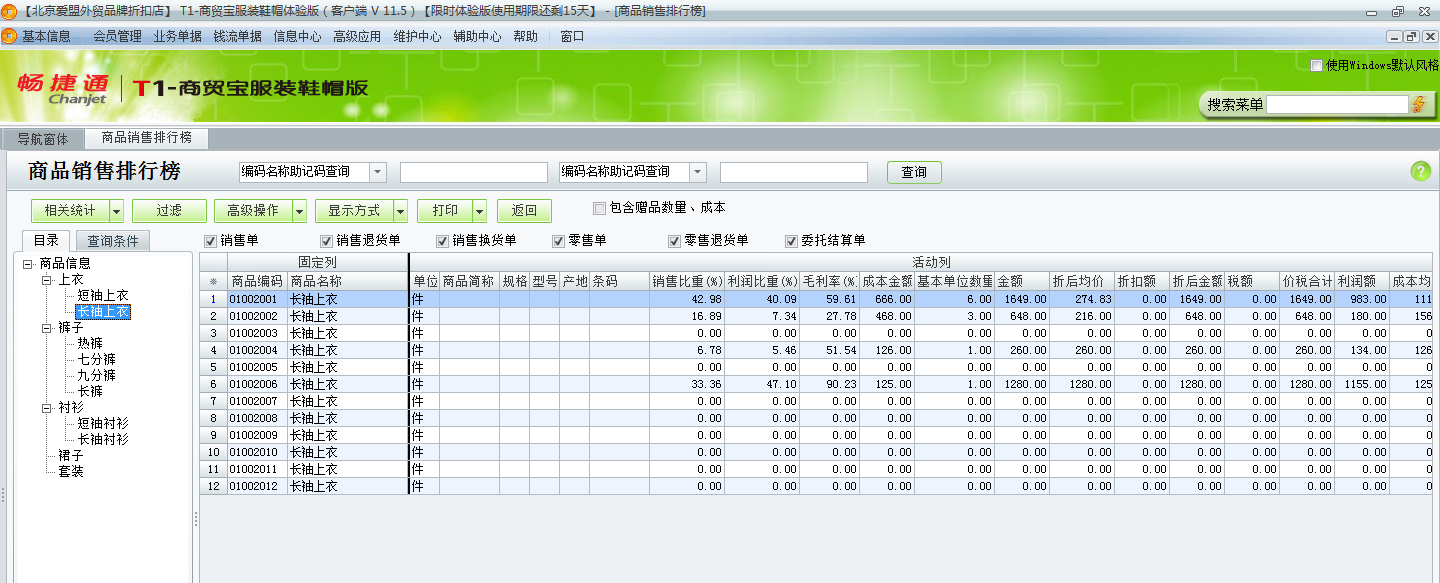 用友t1商貿寶服裝鞋帽版11.5如何查詢各種商品的銷售情況？