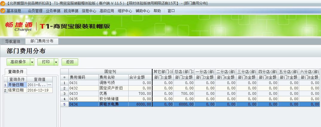 用友t1商貿寶服裝鞋帽版11.5如何查詢當前費用的詳細分布情況？
